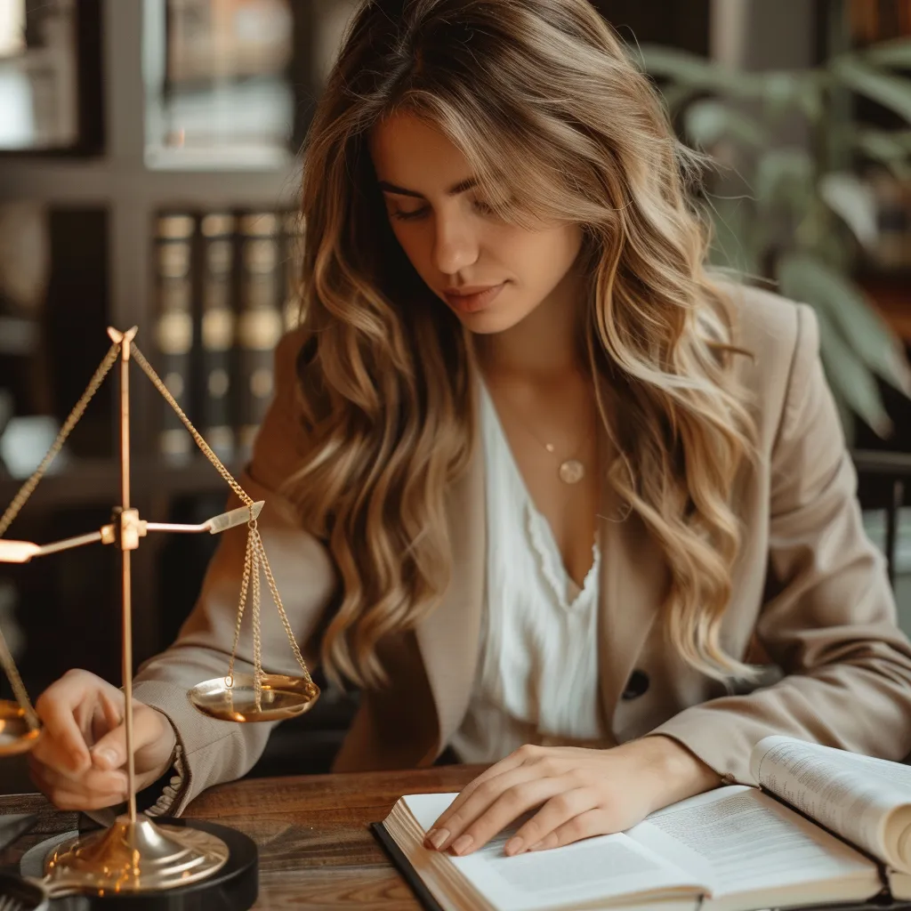 A lawyer reading at a desk beside a set of brass scales of justice